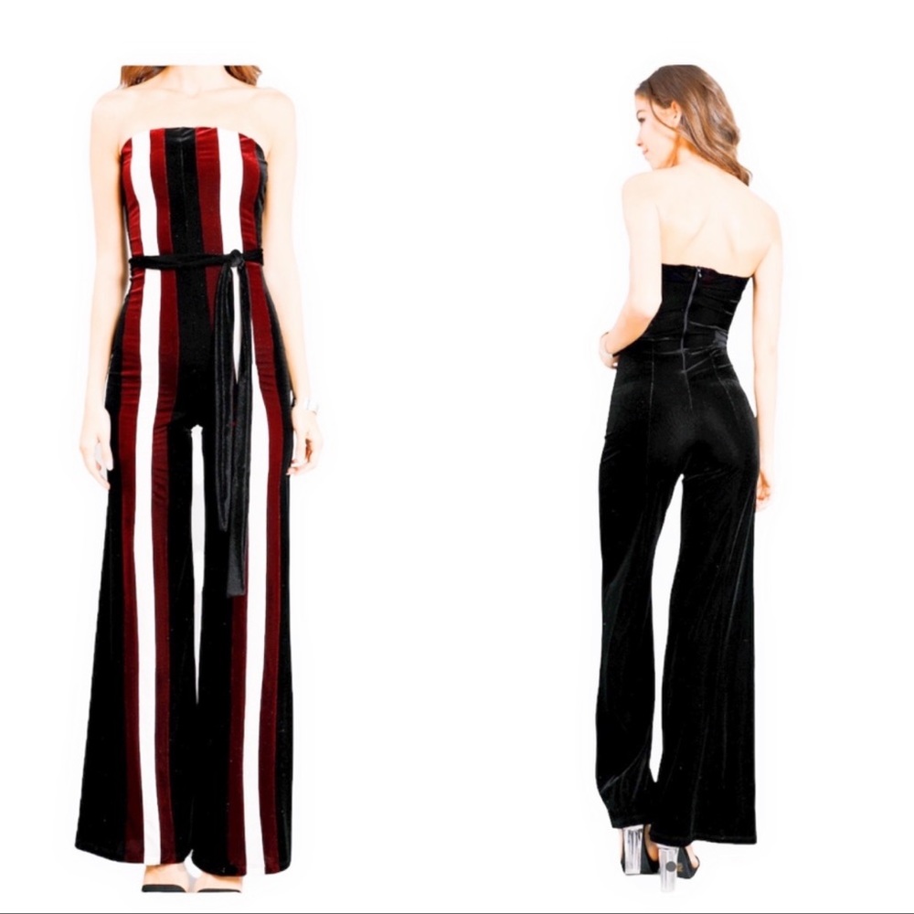 Vintage Monaco Velvet Stripes Strapless Self Tie Jumpsuit